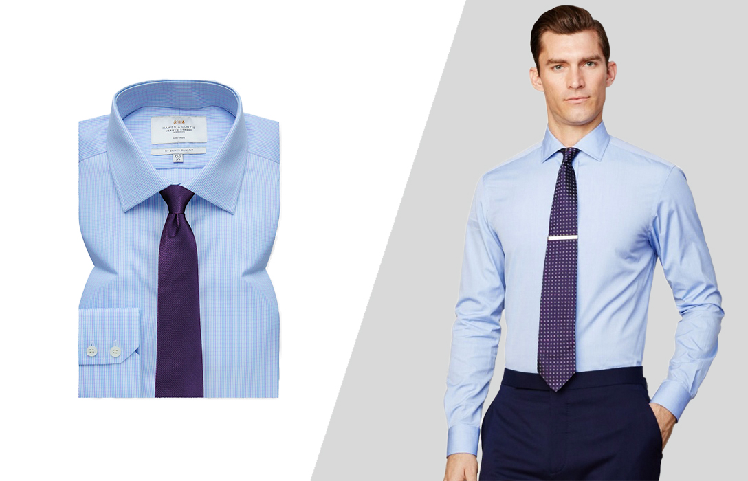 پیراهن آبی با کراوات بنفش